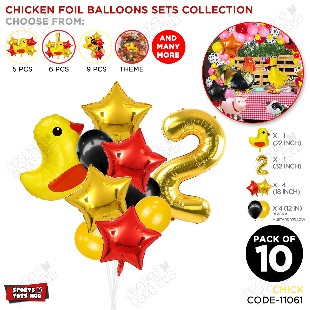 Chick Cartoon Foil Pack Of 10 Balloon Set With 32 Inch Foil Number Balloon