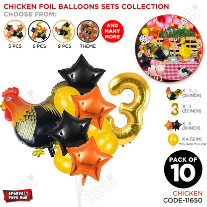 Chicken Cartoon Foil Pack Of 10 Balloon Set With 32 Inch Foil Number Balloon