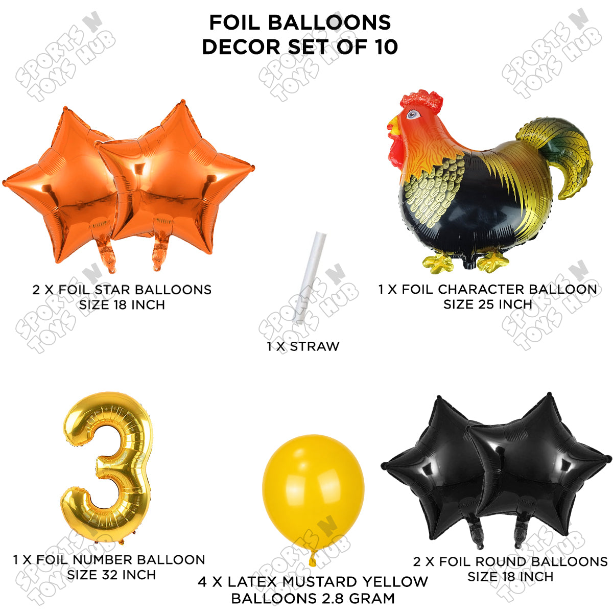 Chicken Cartoon Foil Pack Of 10 Balloon Set With 32 Inch Foil Number Balloon