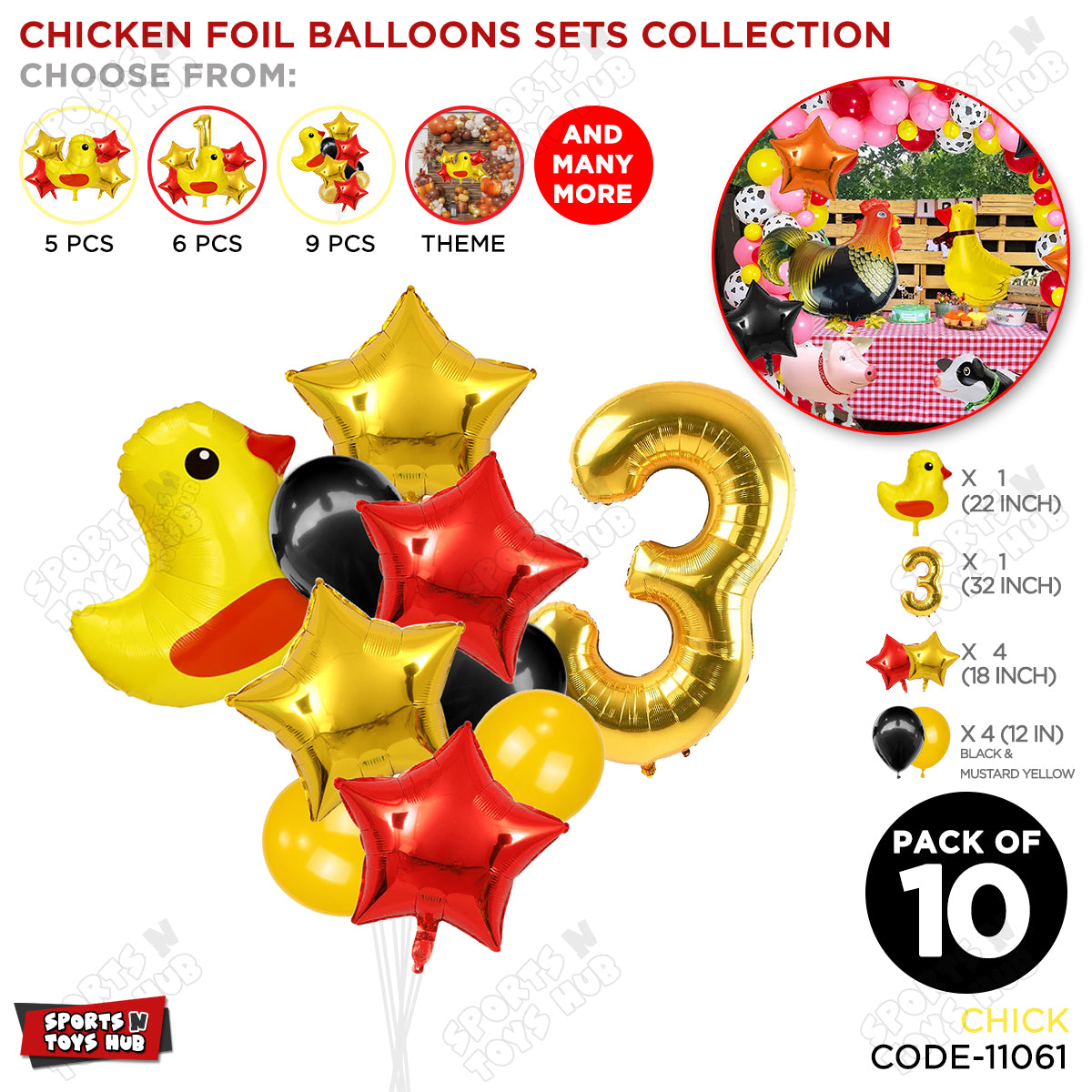 Chick Cartoon Foil Pack Of 10 Balloon Set With 32 Inch Foil Number Balloon