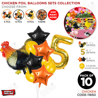 Chicken Cartoon Foil Pack Of 10 Balloon Set With 32 Inch Foil Number Balloon