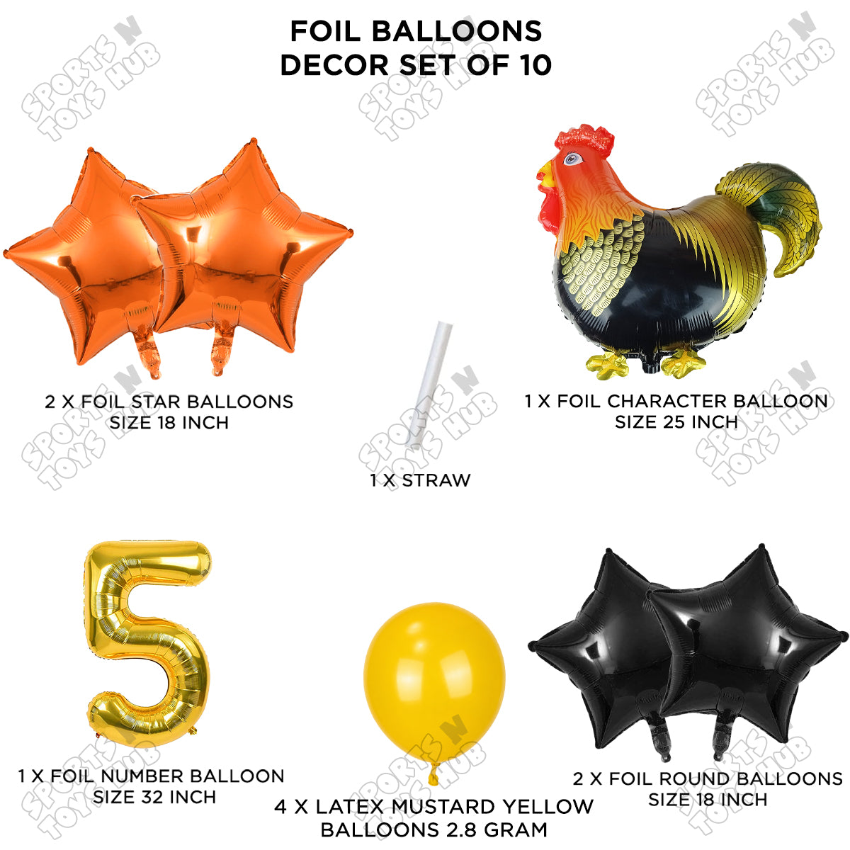 Chicken Cartoon Foil Pack Of 10 Balloon Set With 32 Inch Foil Number Balloon