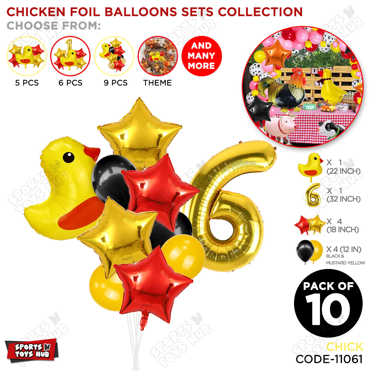 Chick Cartoon Foil Pack Of 10 Balloon Set With 32 Inch Foil Number Balloon