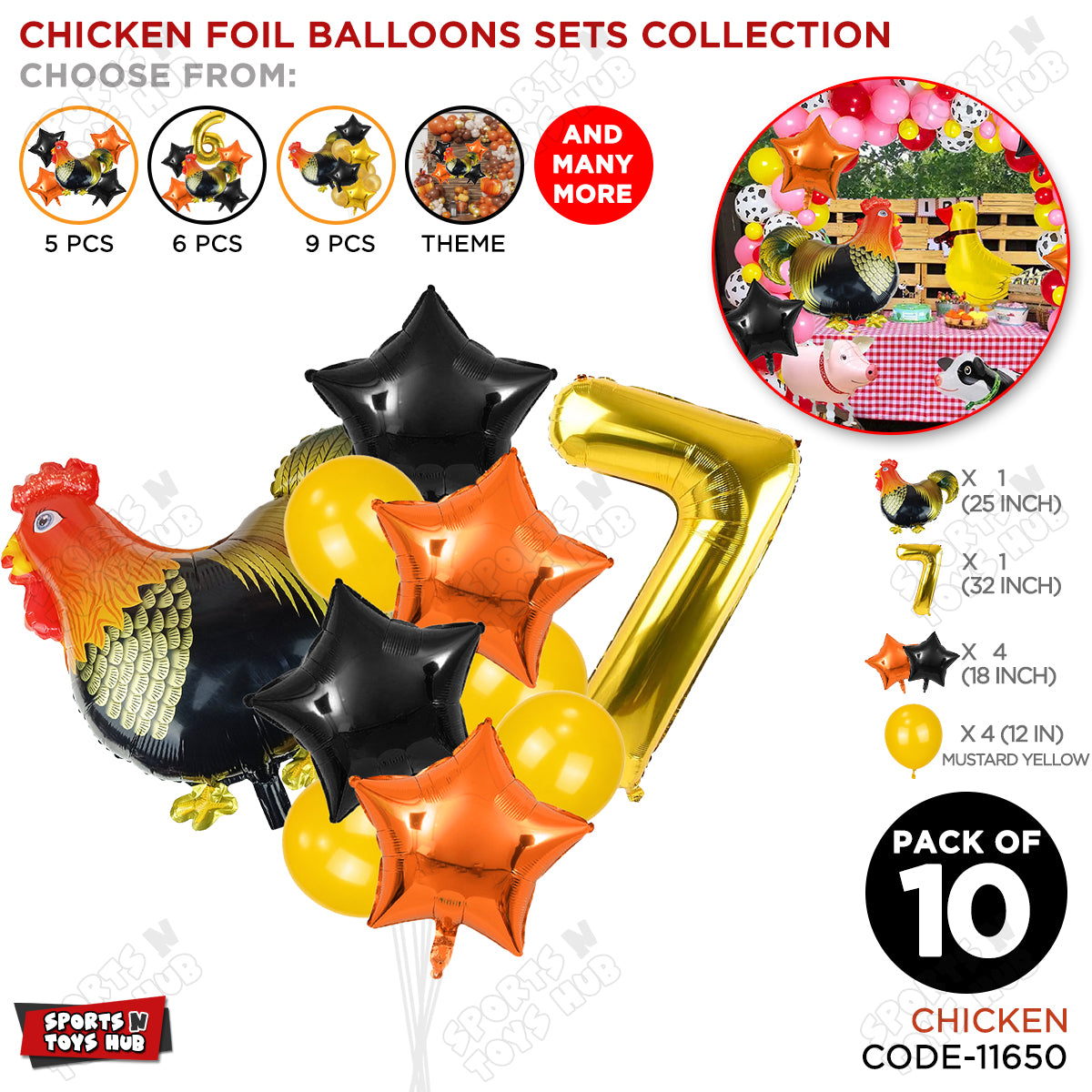 Chicken Cartoon Foil Pack Of 10 Balloon Set With 32 Inch Foil Number Balloon