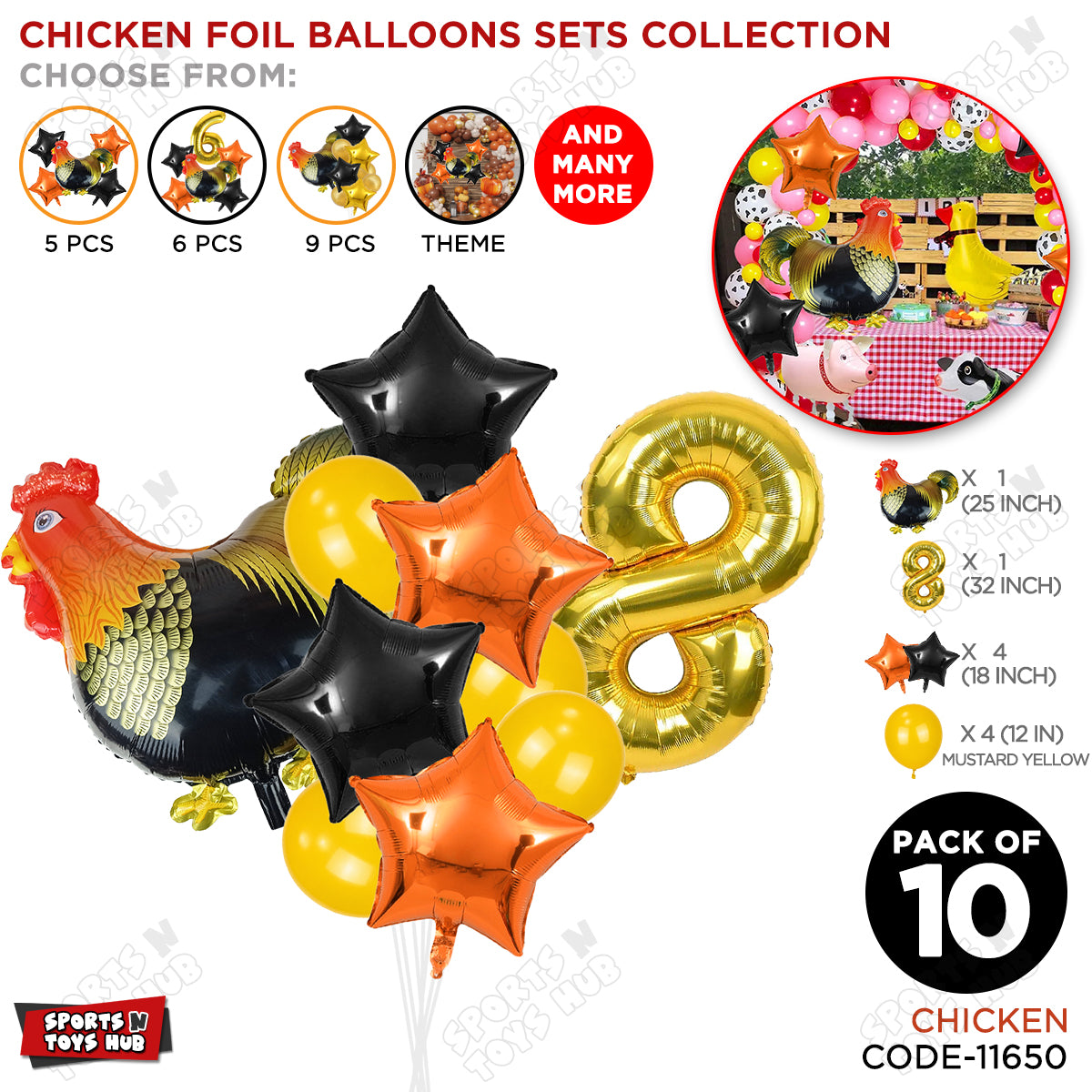 Chicken Cartoon Foil Pack Of 10 Balloon Set With 32 Inch Foil Number Balloon