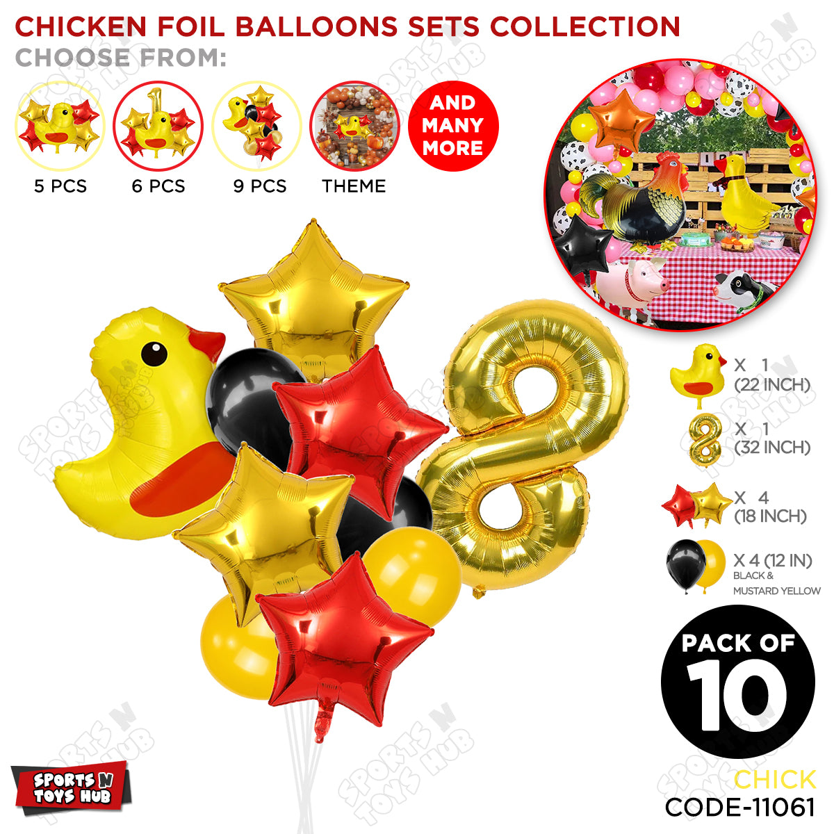 Chick Cartoon Foil Pack Of 10 Balloon Set With 32 Inch Foil Number Balloon