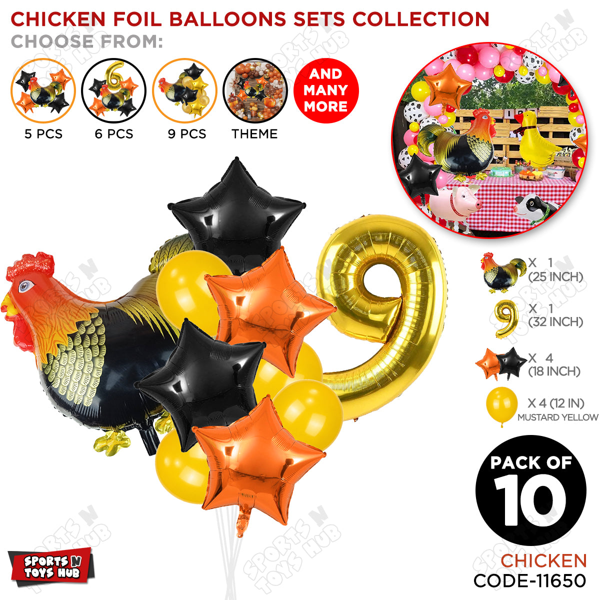 Chicken Cartoon Foil Pack Of 10 Balloon Set With 32 Inch Foil Number Balloon