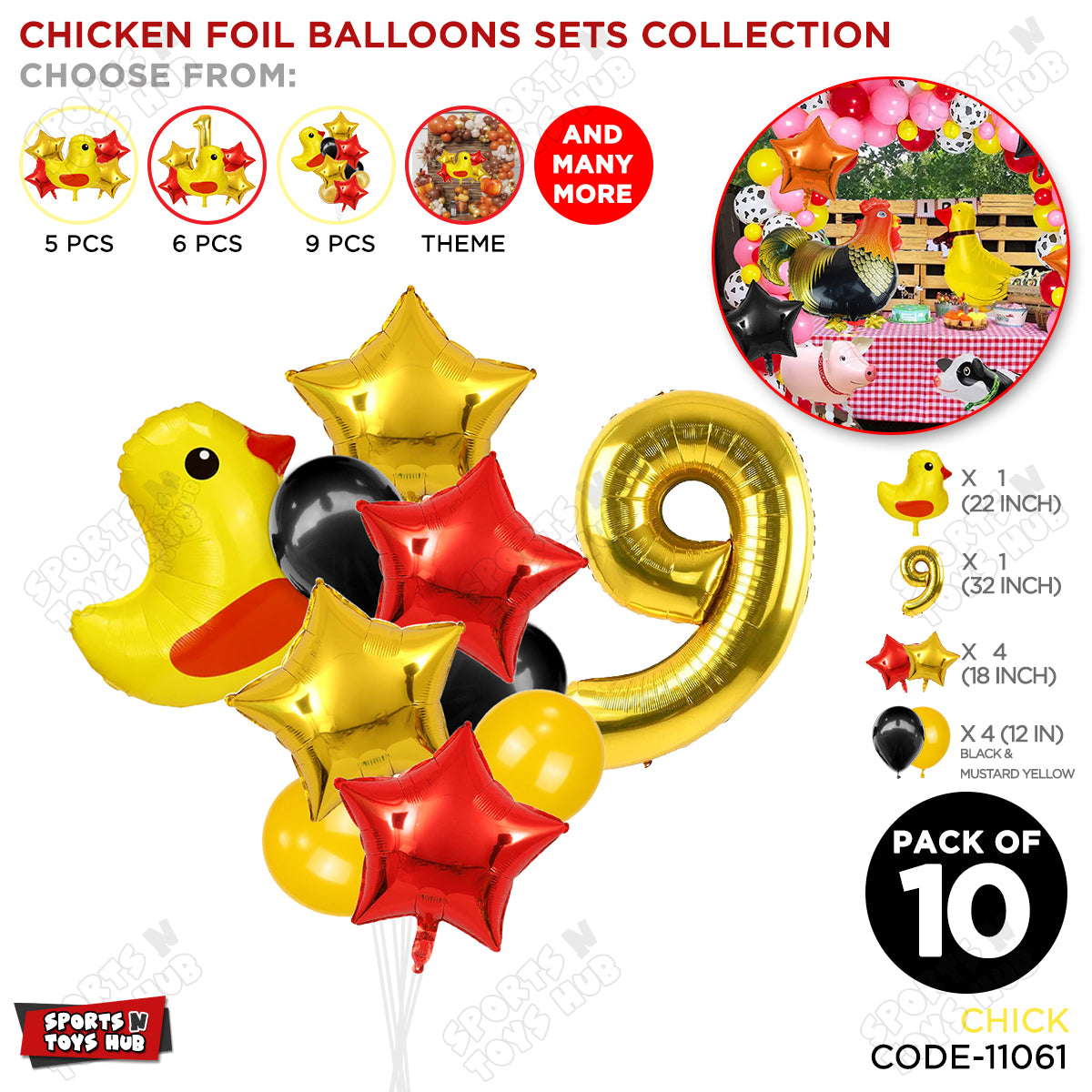 Chick Cartoon Foil Pack Of 10 Balloon Set With 32 Inch Foil Number Balloon