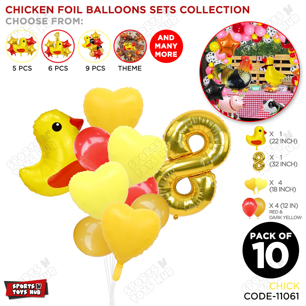 Chick Cartoon Foil Pack Of 10 Pastel Balloon Set With 32 Inch Foil Number Balloon