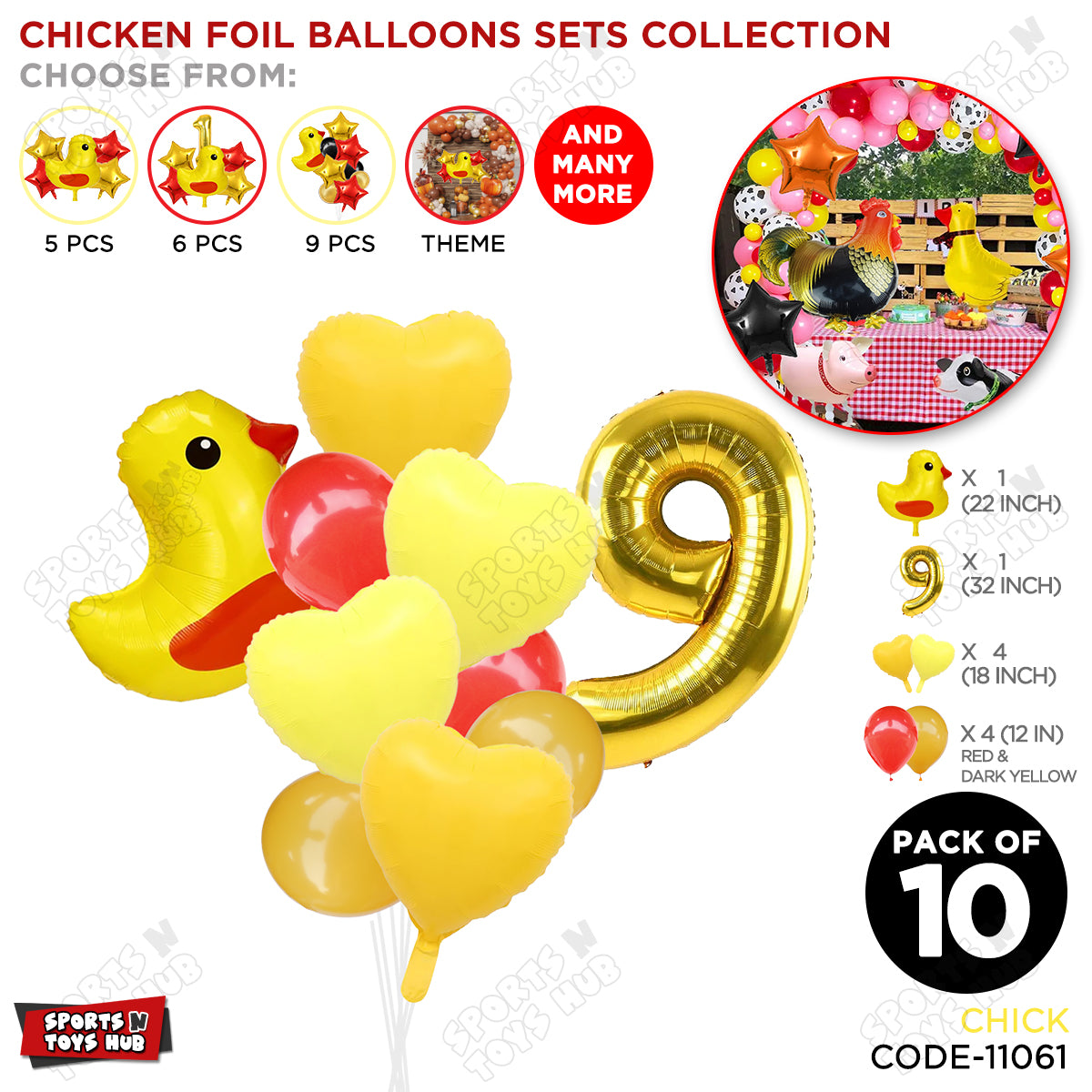 Chick Cartoon Foil Pack Of 10 Pastel Balloon Set With 32 Inch Foil Number Balloon