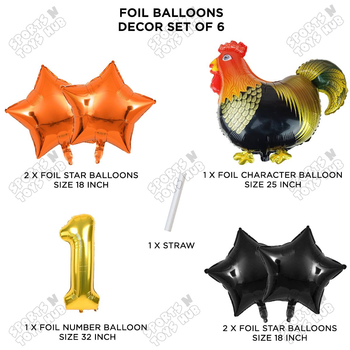 Chicken Cartoon Foil Pack Of 6 Balloon Set With 32 Inch Foil Number Balloon