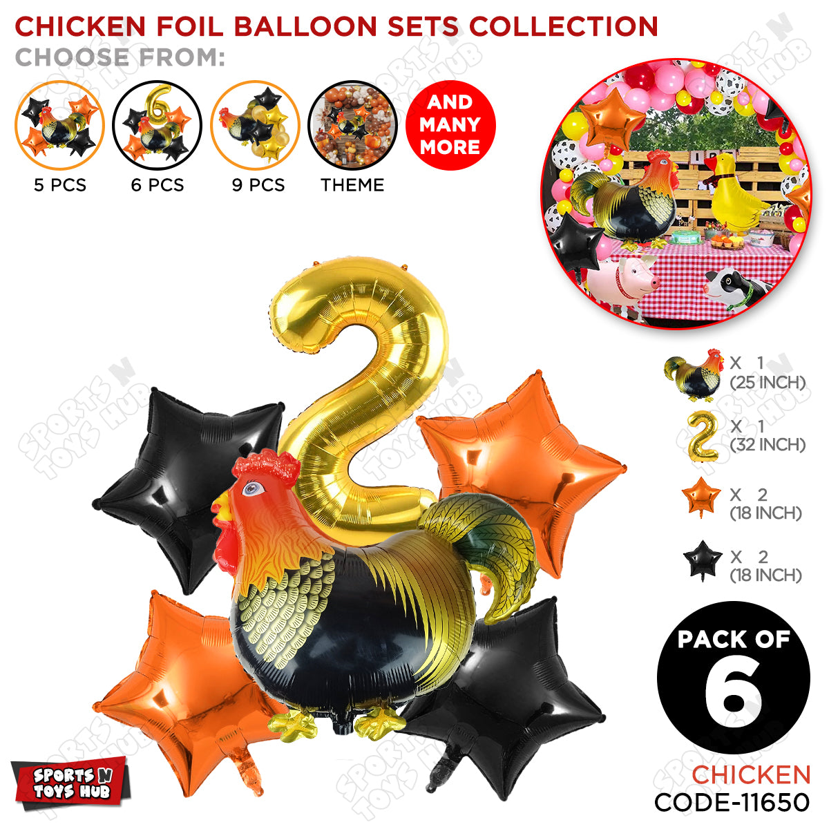 Chicken Cartoon Foil Pack Of 6 Balloon Set With 32 Inch Foil Number Balloon
