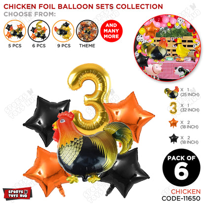 Chicken Cartoon Foil Pack Of 6 Balloon Set With 32 Inch Foil Number Balloon