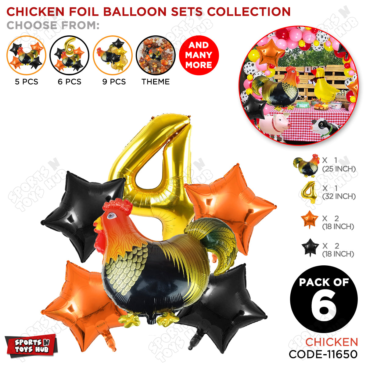 Chicken Cartoon Foil Pack Of 6 Balloon Set With 32 Inch Foil Number Balloon