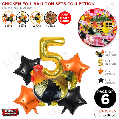 Chicken Cartoon Foil Pack Of 6 Balloon Set With 32 Inch Foil Number Balloon