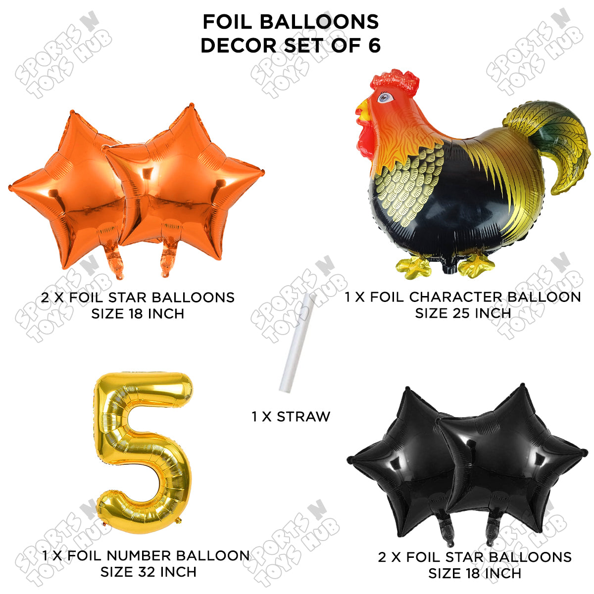 Chicken Cartoon Foil Pack Of 6 Balloon Set With 32 Inch Foil Number Balloon