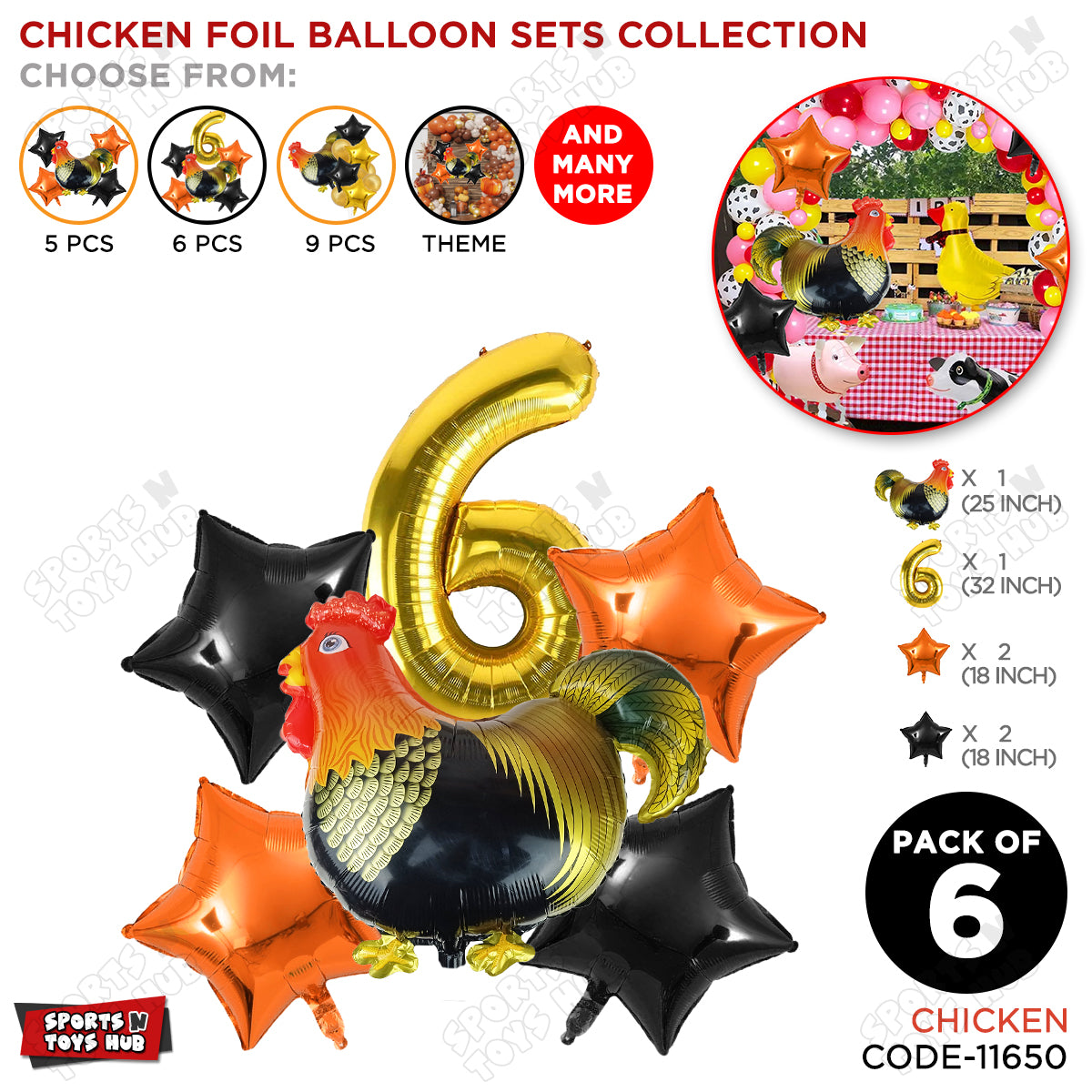 Chicken Cartoon Foil Pack Of 6 Balloon Set With 32 Inch Foil Number Balloon