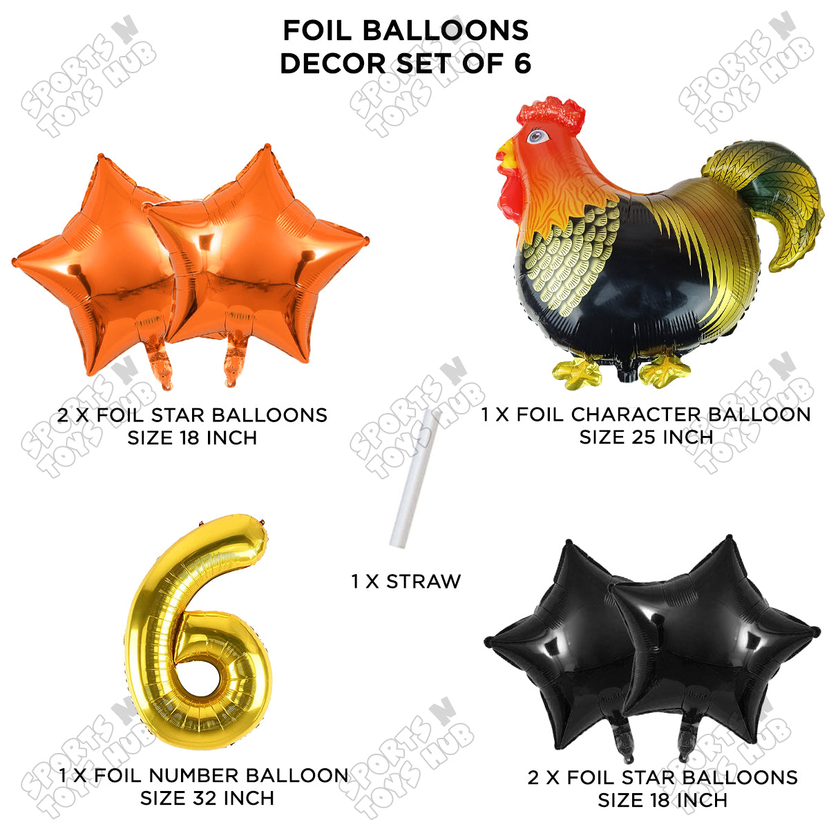 Chicken Cartoon Foil Pack Of 6 Balloon Set With 32 Inch Foil Number Balloon