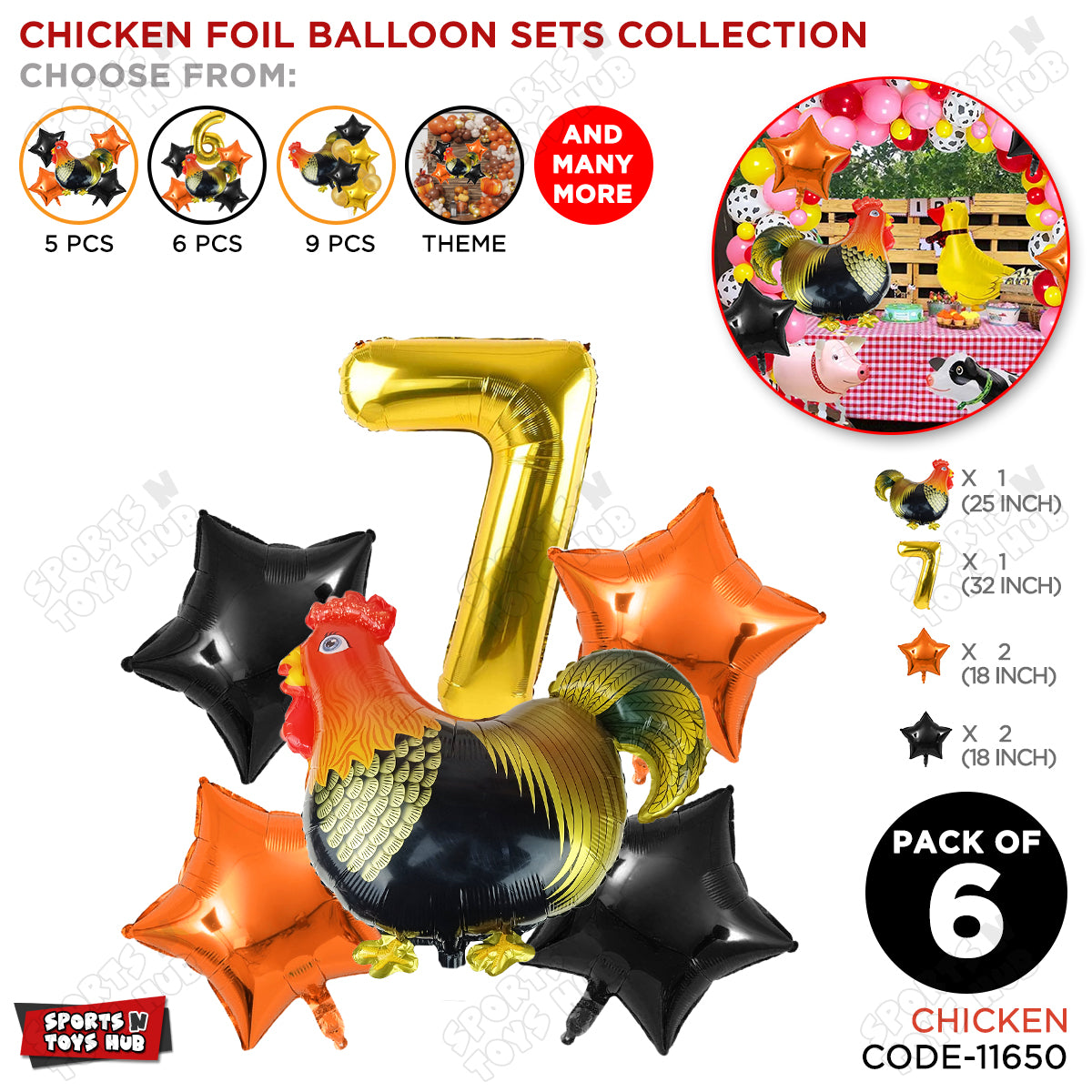 Chicken Cartoon Foil Pack Of 6 Balloon Set With 32 Inch Foil Number Balloon