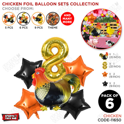 Chicken Cartoon Foil Pack Of 6 Balloon Set With 32 Inch Foil Number Balloon