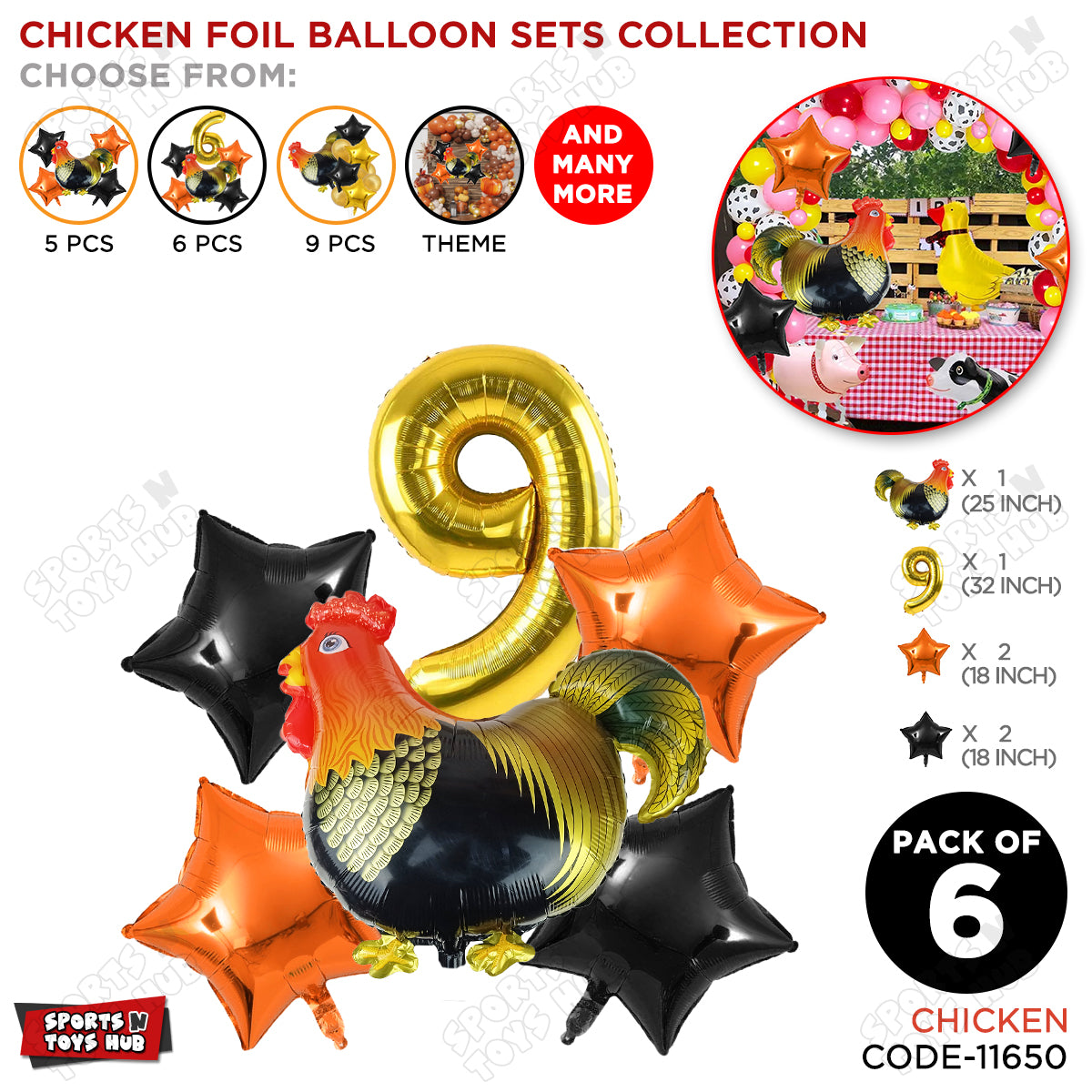 Chicken Cartoon Foil Pack Of 6 Balloon Set With 32 Inch Foil Number Balloon