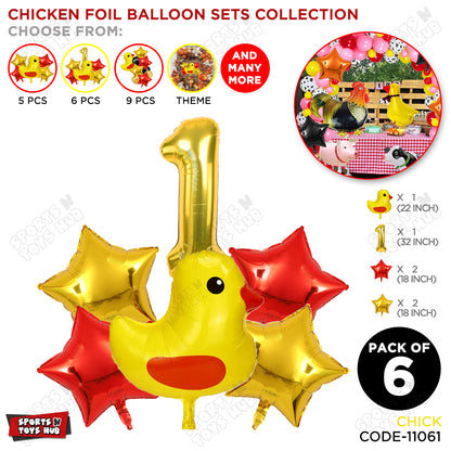 Chick Cartoon Foil Pack Of 6 Balloon Set With 32 Inch Foil Number Balloon