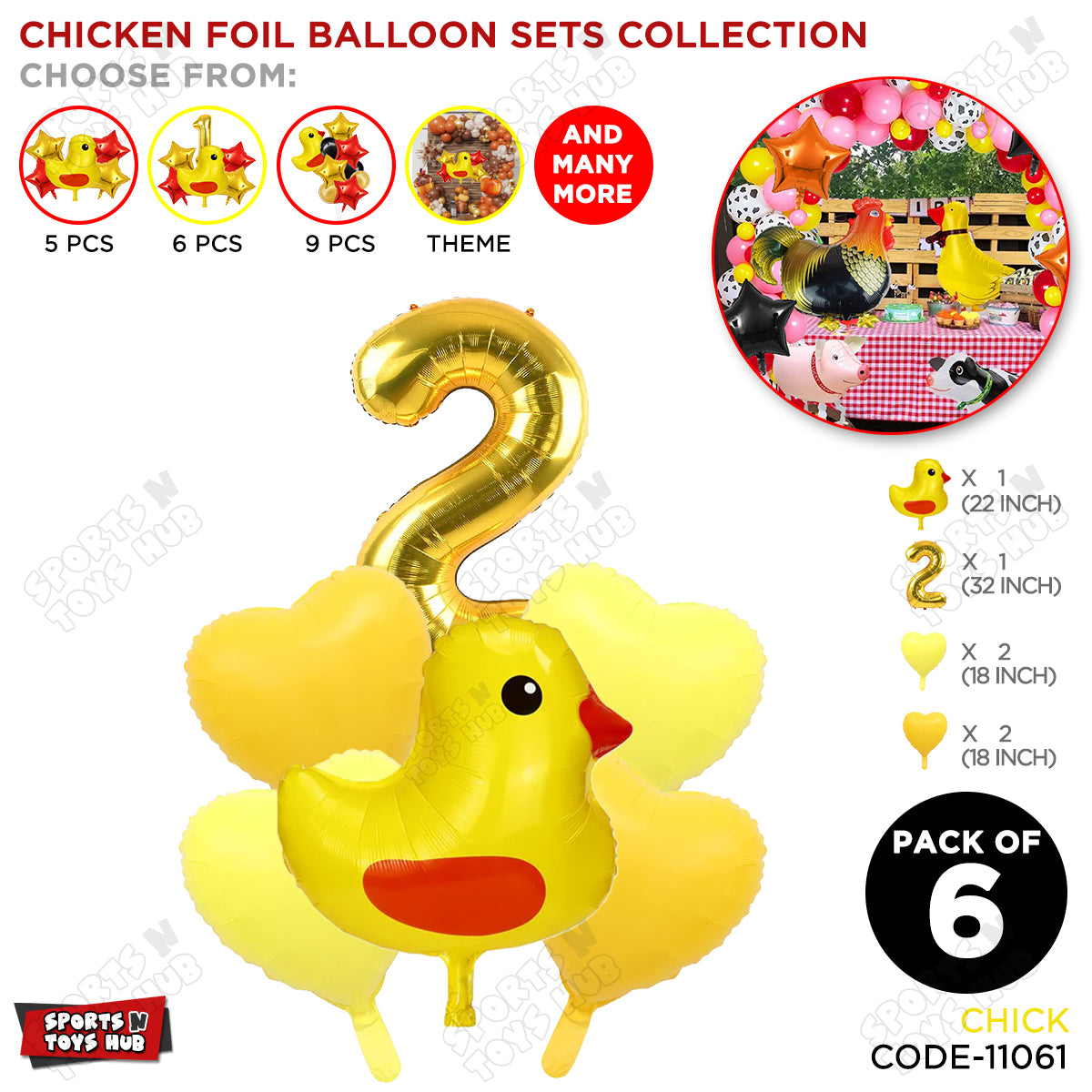 Chick Cartoon Pastel Foil Balloon Set Pack of 6 with 32 Inch Foil Number Balloon