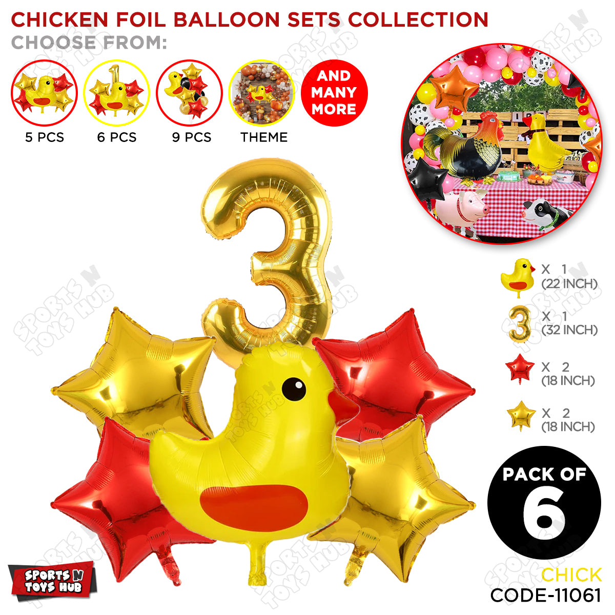 Chick Cartoon Foil Pack Of 6 Balloon Set With 32 Inch Foil Number Balloon