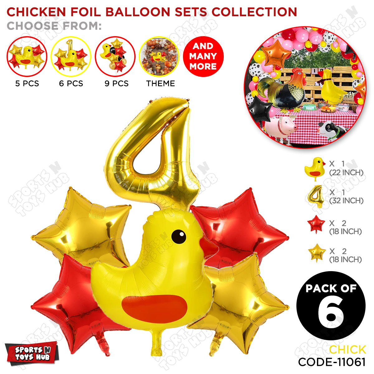 Chick Cartoon Foil Pack Of 6 Balloon Set With 32 Inch Foil Number Balloon