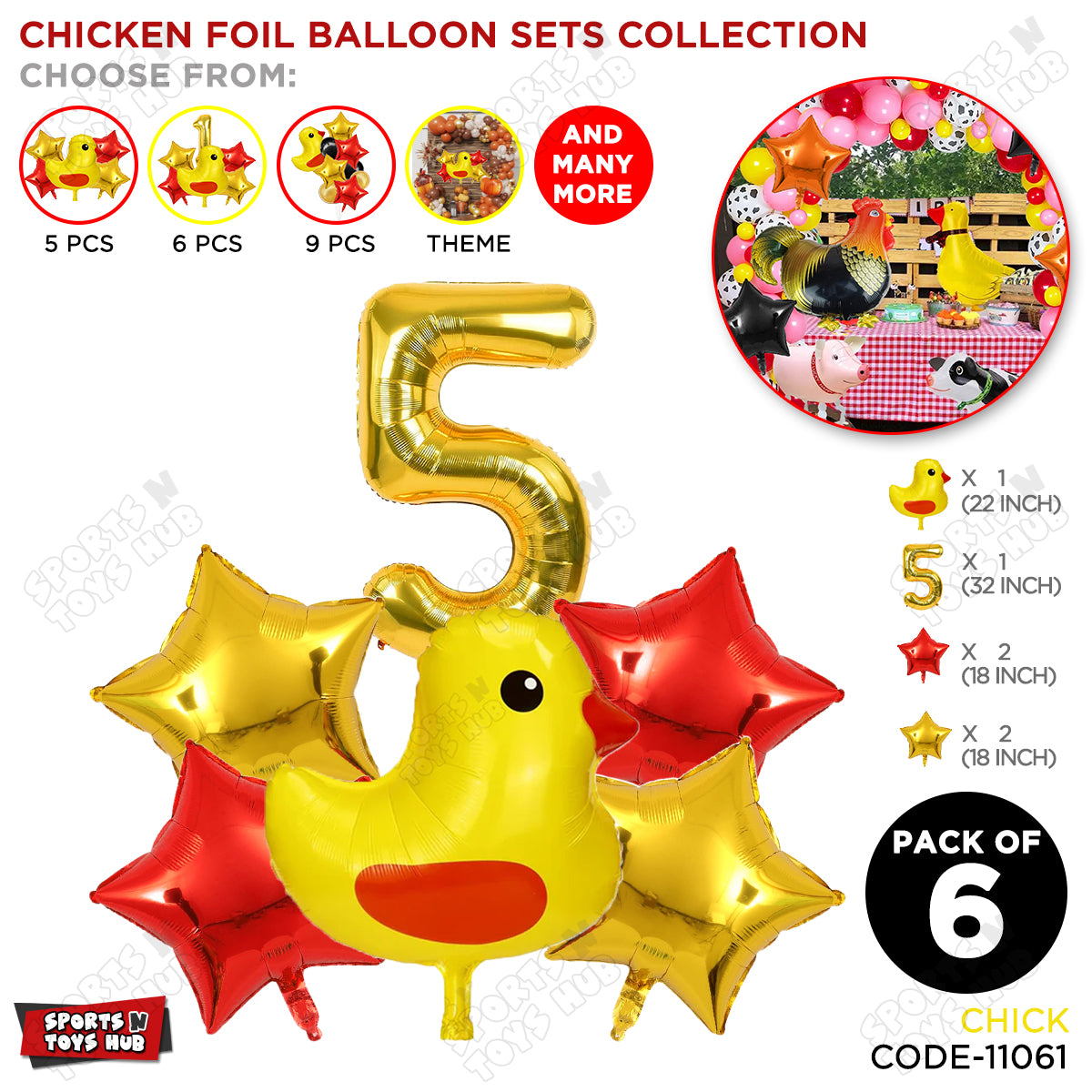 Chick Cartoon Foil Pack Of 6 Balloon Set With 32 Inch Foil Number Balloon