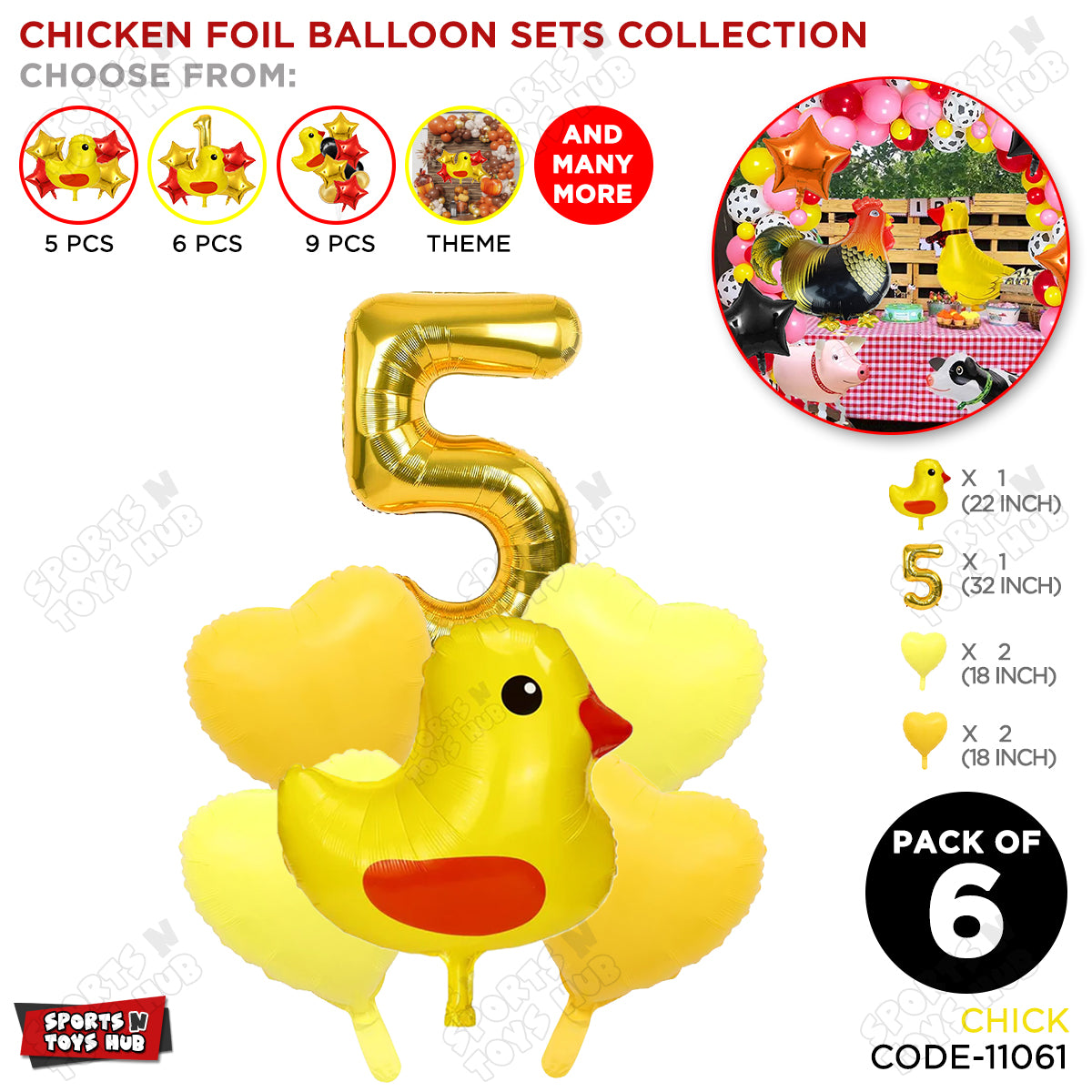 Chick Cartoon Pastel Foil Balloon Set Pack of 6 with 32 Inch Foil Number Balloon