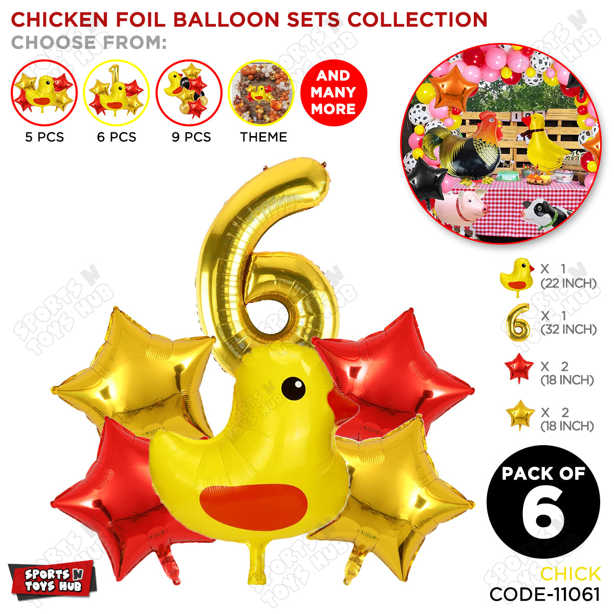 Chick Cartoon Foil Pack Of 6 Balloon Set With 32 Inch Foil Number Balloon