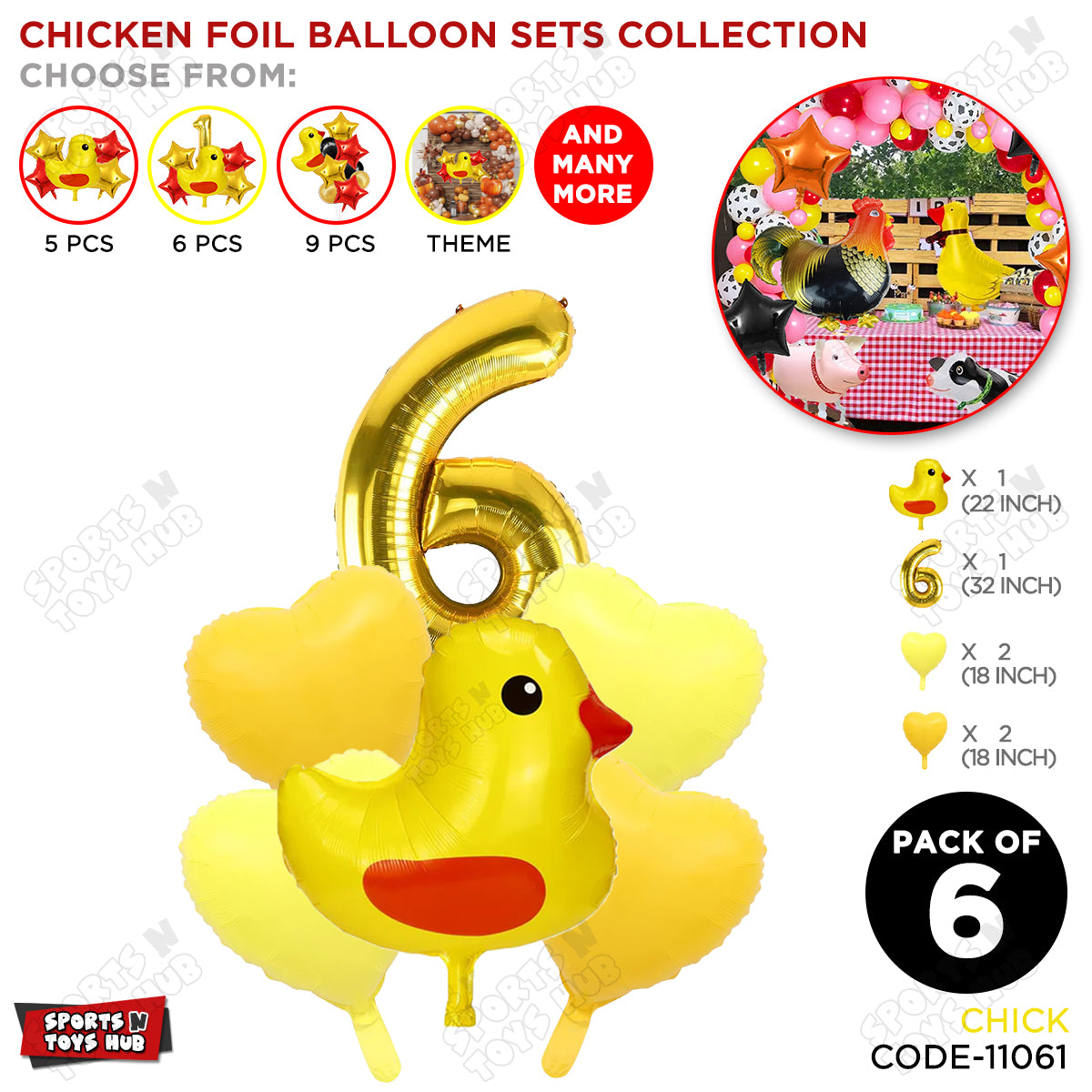Chick Cartoon Pastel Foil Balloon Set Pack of 6 with 32 Inch Foil Number Balloon