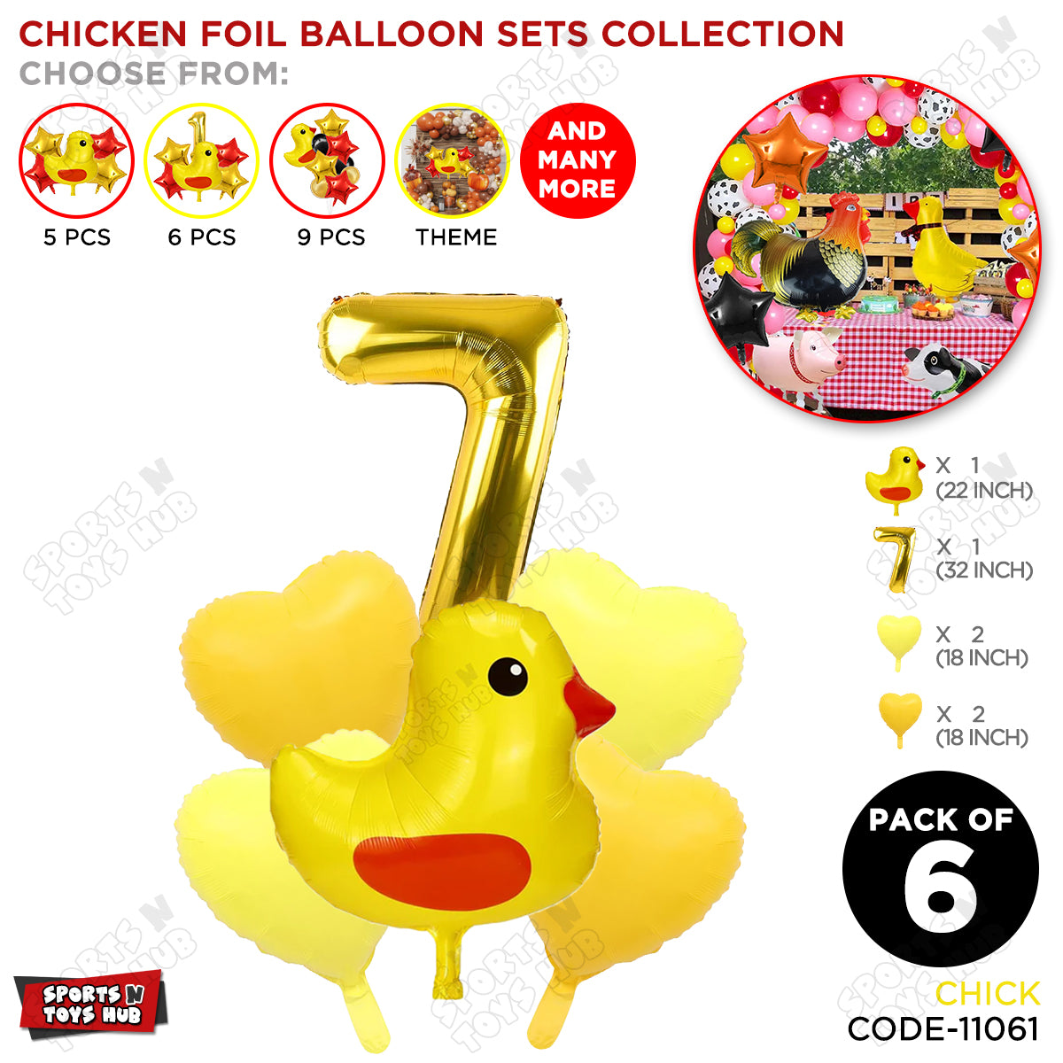 Chick Cartoon Pastel Foil Balloon Set Pack of 6 with 32 Inch Foil Number Balloon