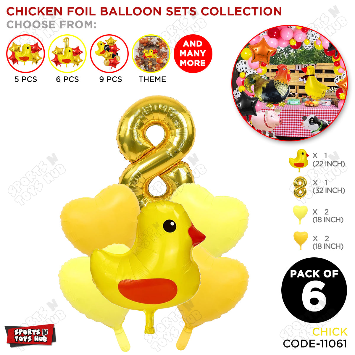 Chick Cartoon Pastel Foil Balloon Set Pack of 6 with 32 Inch Foil Number Balloon