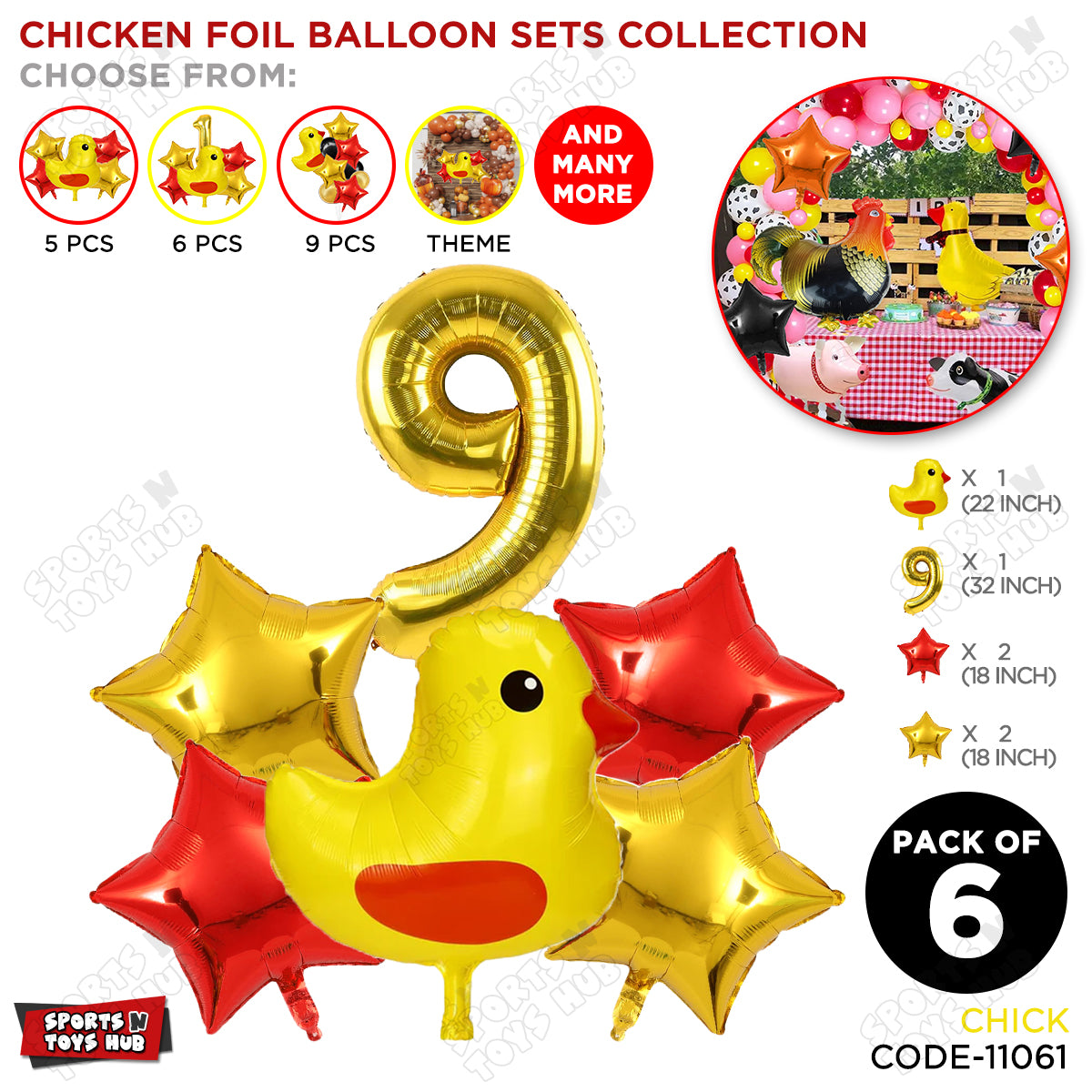Chick Cartoon Foil Pack Of 6 Balloon Set With 32 Inch Foil Number Balloon