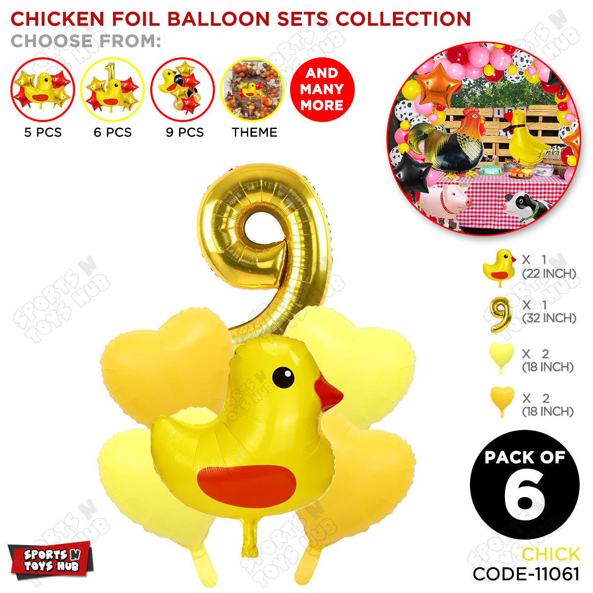 Chick Cartoon Pastel Foil Balloon Set Pack of 6 with 32 Inch Foil Number Balloon