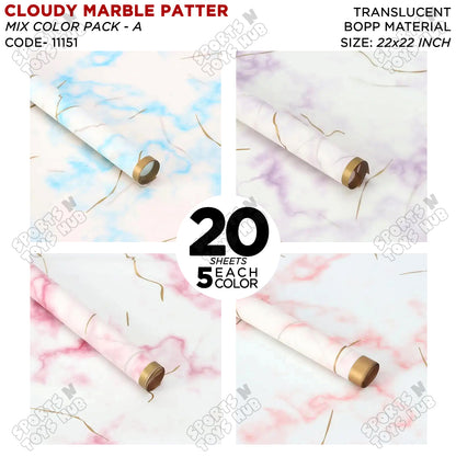 Cloudy Marble Pattern Golden Border - Mix Color 20 Sheets Pack - Translucent Wrapping Paper, Floral Gifting Sheets Bouquet