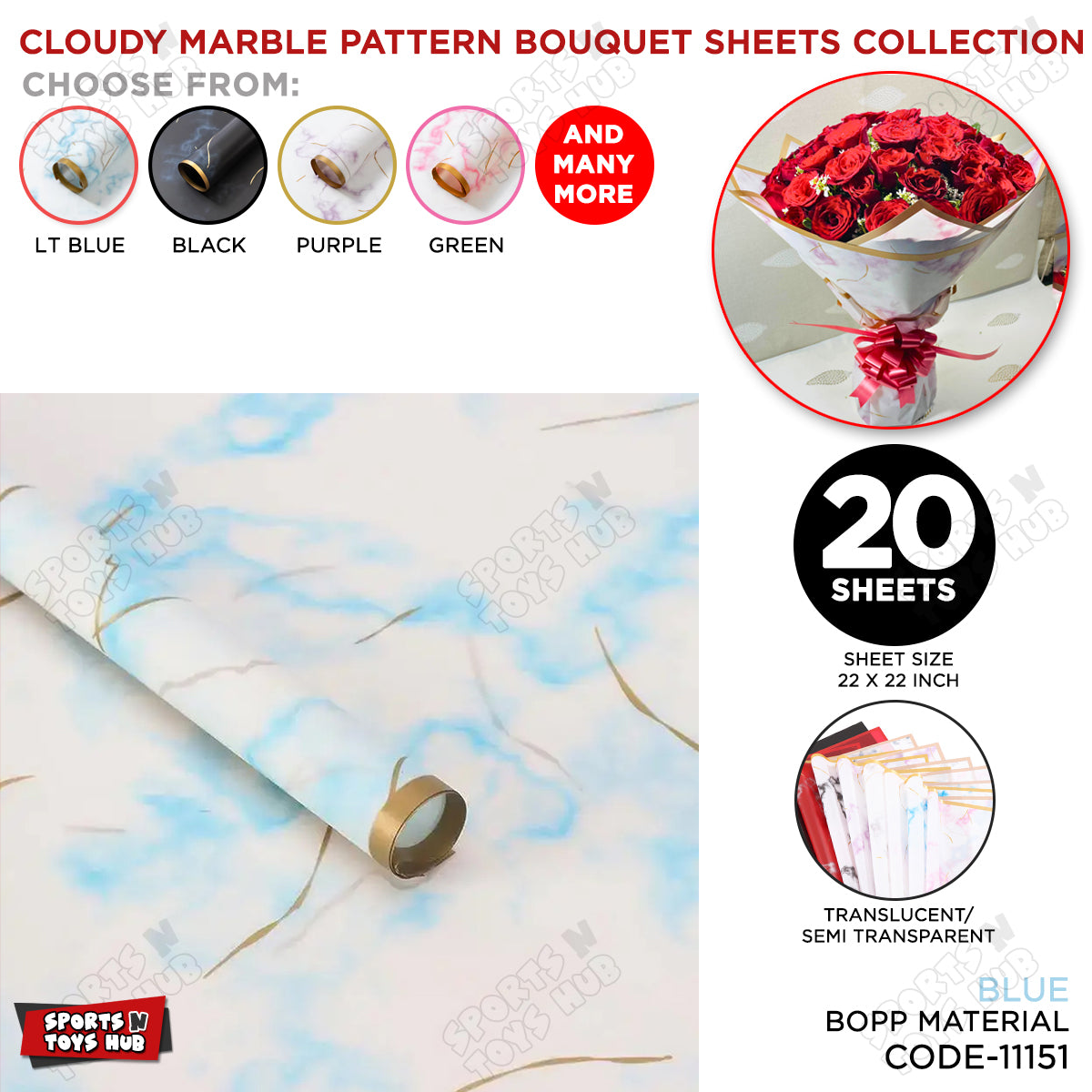 Cloudy Marble Pattern Golden Border Translucent Wrapping Paper, Floral Gifting Sheets Bouquet Collection