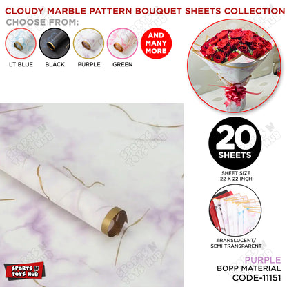 Cloudy Marble Pattern Golden Border Translucent Wrapping Paper, Floral Gifting Sheets Bouquet Collection
