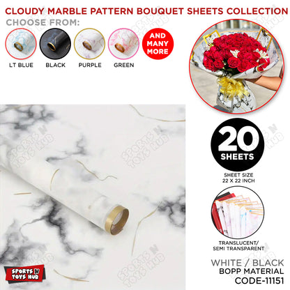 Cloudy Marble Pattern Golden Border Translucent Wrapping Paper, Floral Gifting Sheets Bouquet Collection
