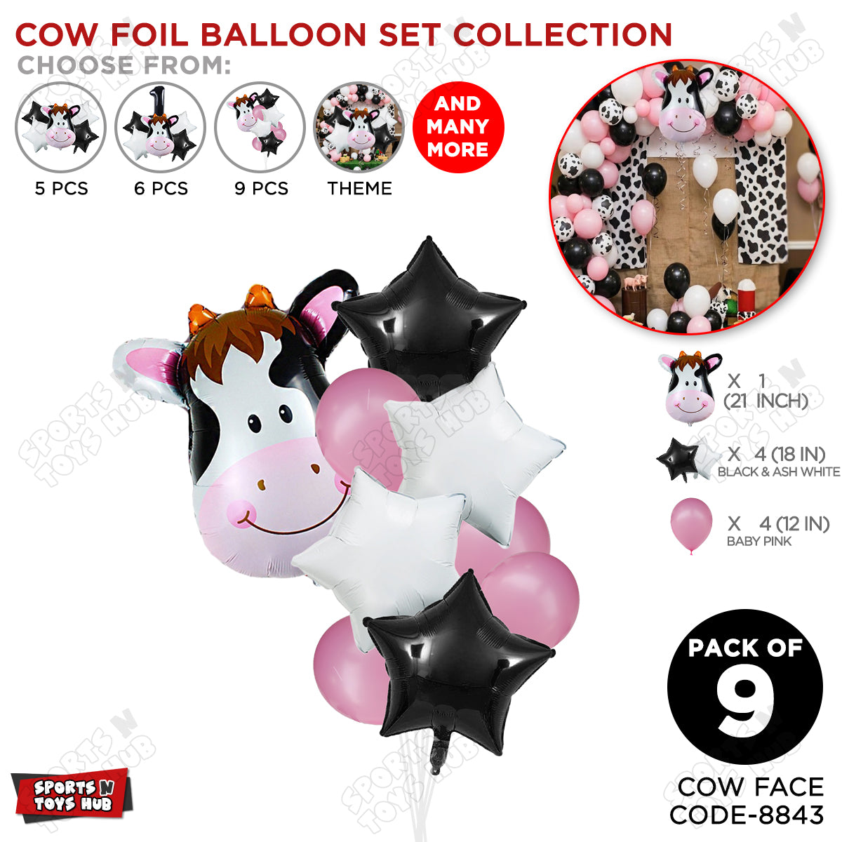 Cow Face Pack Of 9 Foil Balloon Set