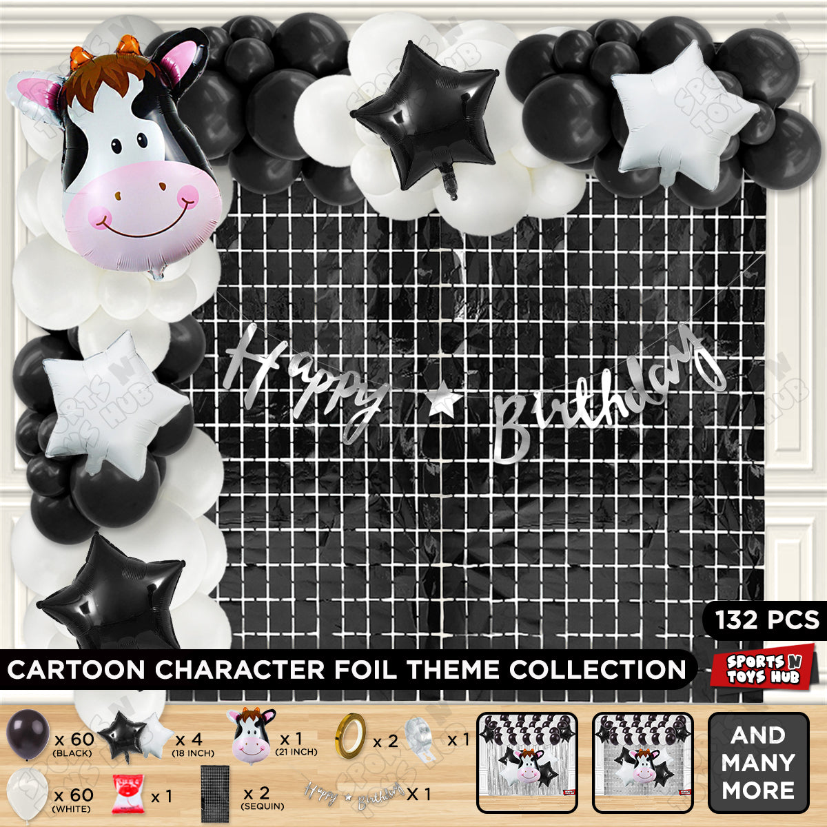 Cow Face Foil Balloon Set Pack of 5 with Happy Birthday Cursive Card Banner – Farm Animal Birthday Party Decorations, Barnyard Theme Balloon Arch Kit for Kids, Boys, Girls & Baby Shower