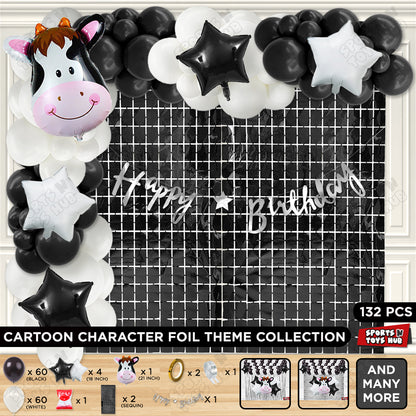 Cow Face Foil Balloon Set Pack of 5 with Happy Birthday Cursive Card Banner – Farm Animal Birthday Party Decorations, Barnyard Theme Balloon Arch Kit for Kids, Boys, Girls & Baby Shower