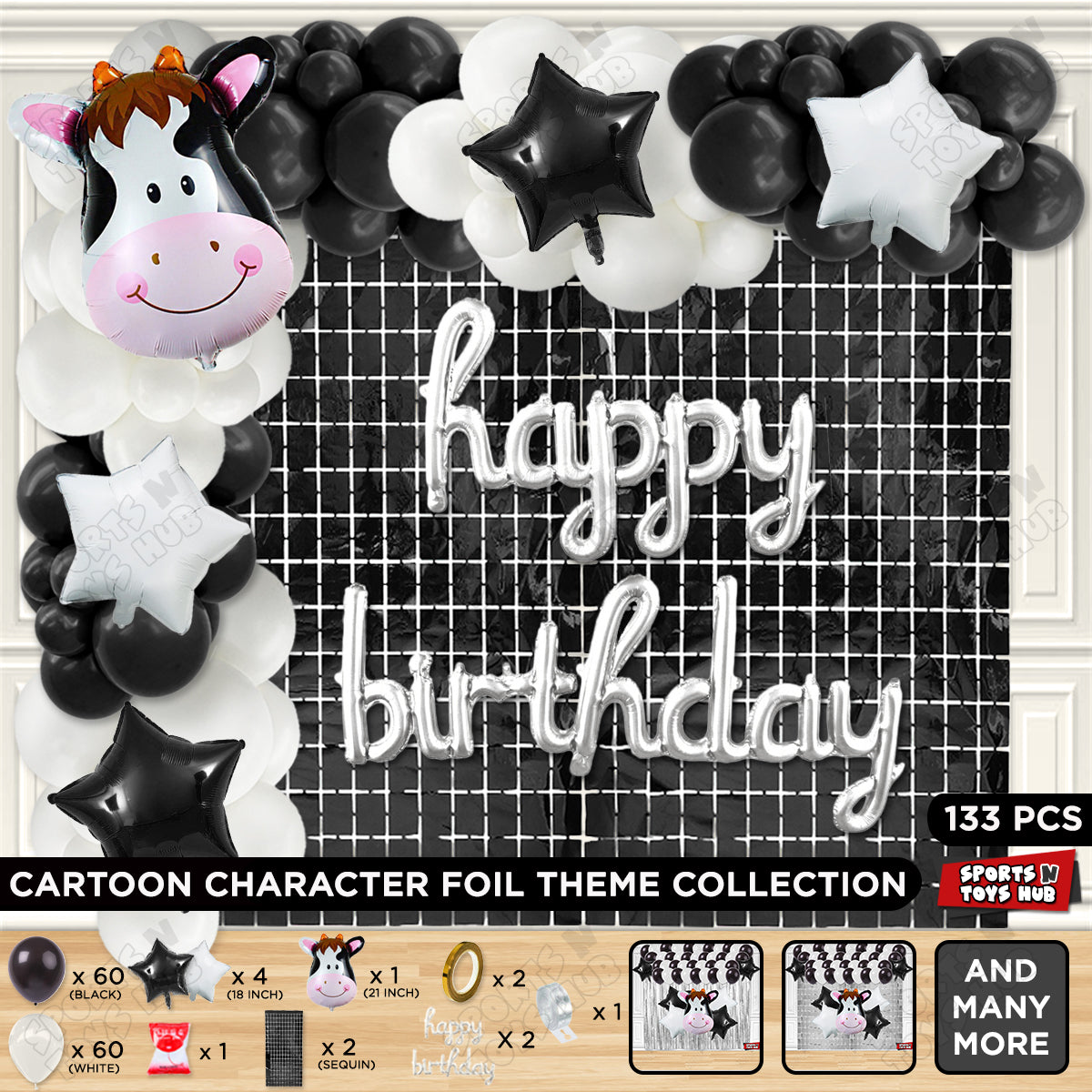 Cow Face Foil Balloon Set Pack of 5 with Happy Birthday Cursive Foil Letter Banner – Farm Animal Birthday Party Decoration Kit for Kids, Boys, Girls, Baby Shower & Barnyard Theme Balloon Arch