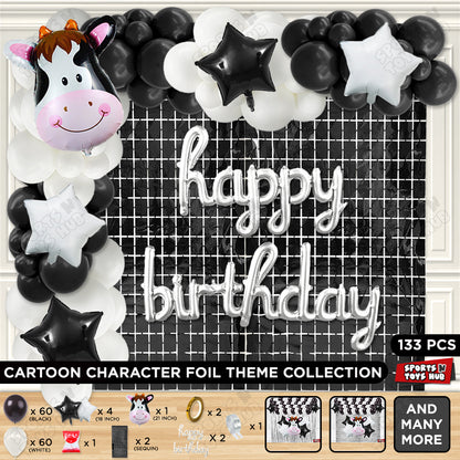 Cow Face Foil Balloon Set Pack of 5 with Happy Birthday Cursive Foil Letter Banner – Farm Animal Birthday Party Decoration Kit for Kids, Boys, Girls, Baby Shower & Barnyard Theme Balloon Arch