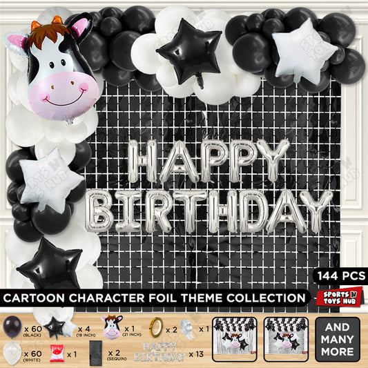 Cow Face Foil Balloon Set Pack of 5 with Happy Birthday Foil Letter Banner – Farm Animal Birthday Party Decoration Kit for Kids, Boys, Girls, Baby Shower & Barnyard Theme Balloon Arch