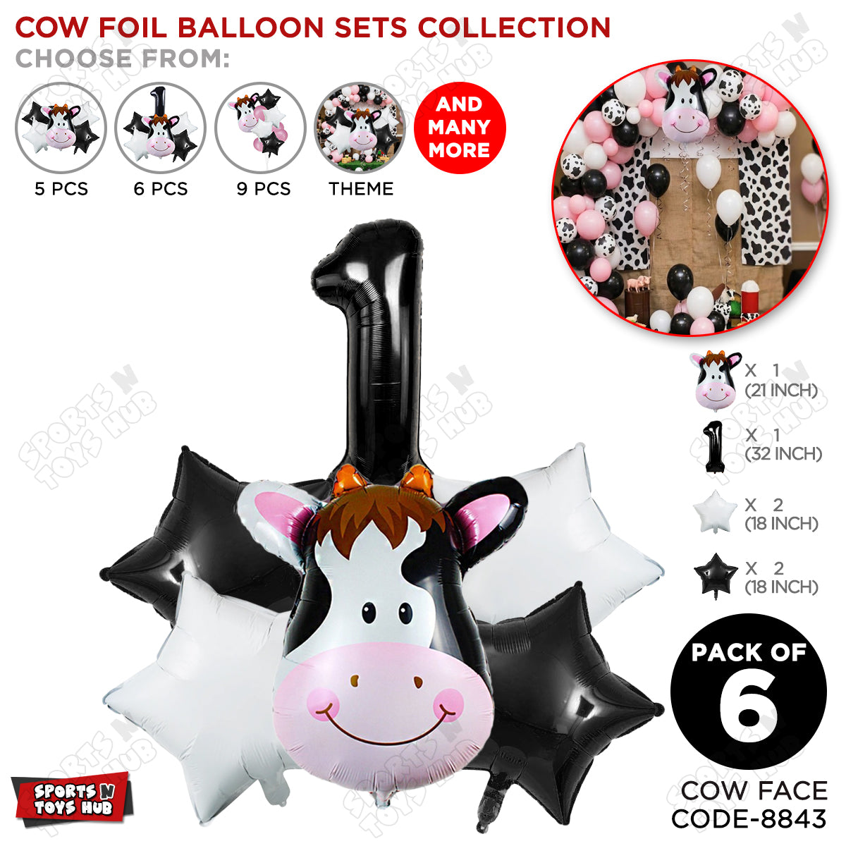 Cow Face Pack Of 6 Foil Balloon Set With 32 Inch Foil Number
