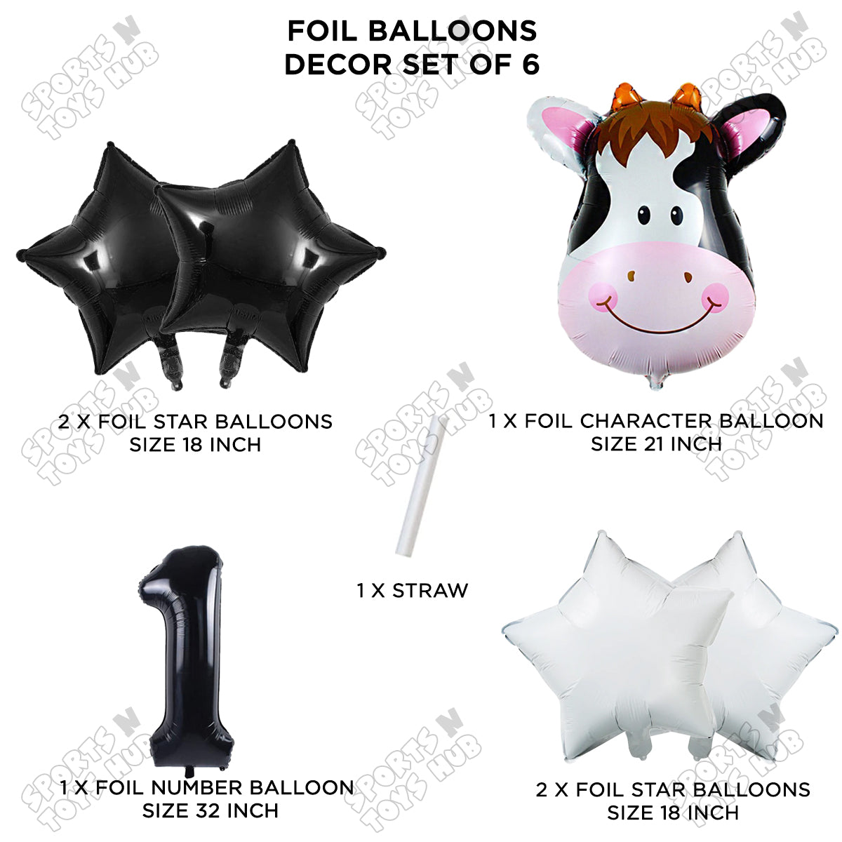 Cow Face Pack Of 6 Foil Balloon Set With 32 Inch Foil Number