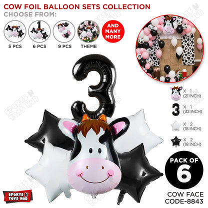 Cow Face Pack Of 6 Foil Balloon Set With 32 Inch Foil Number